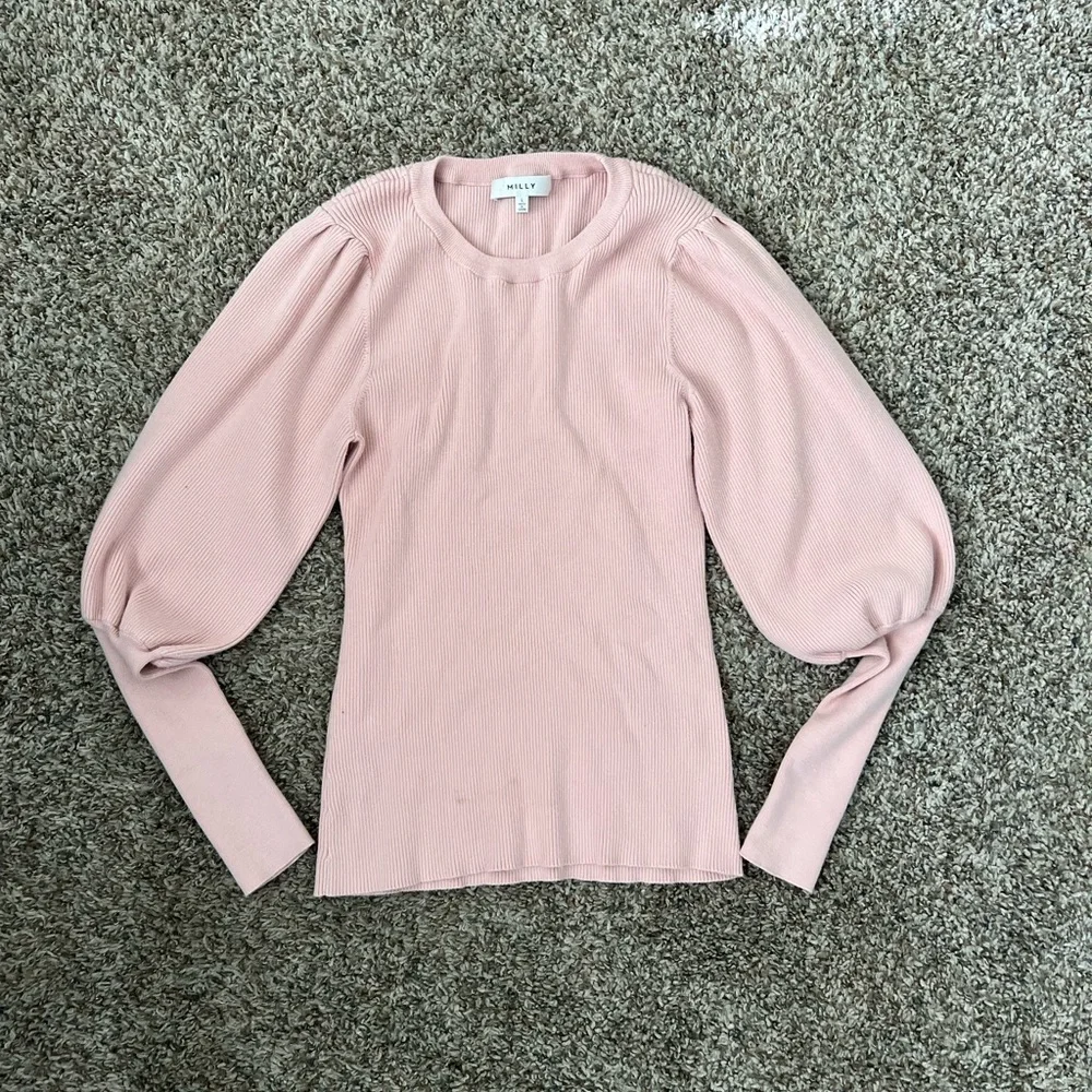 Milly Ribbed Puff Balloon Sleeve Sweater Blush Pink Top - Picture 5 of 7